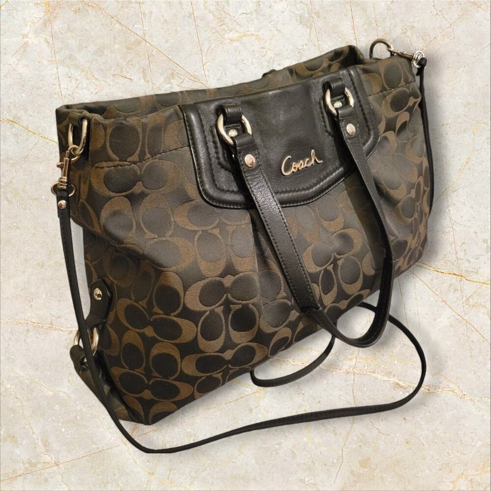 Coach Ashley Shoulder Crossbody Bag Chocolate Brown Satin/Leather F15443
